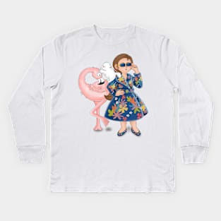 Stylist girl posed with pink flamingo and cat pet Kids Long Sleeve T-Shirt